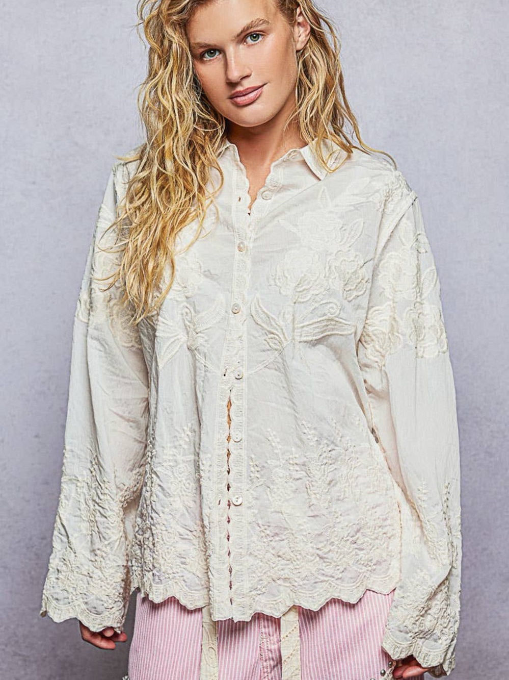 POL Long Sleeve Embroidered Scalloped Edge Shirt Top NWOT